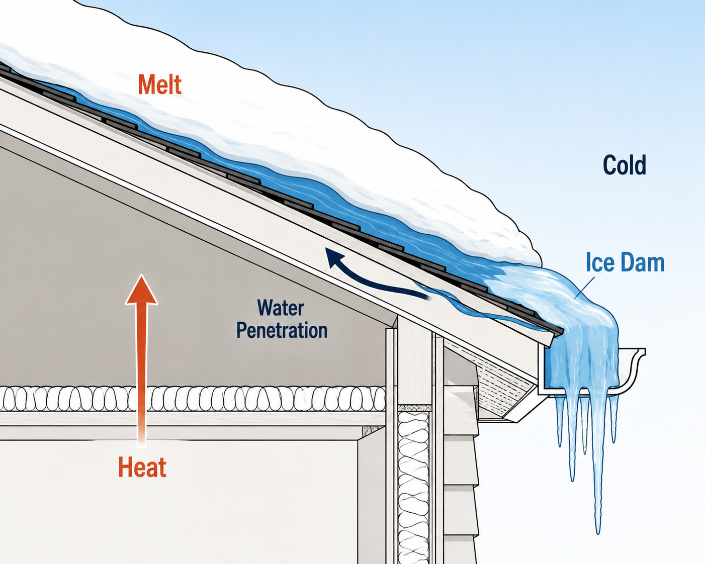 Ice dam formation diagram showing heat, melt, water penetration, and the cold overhang