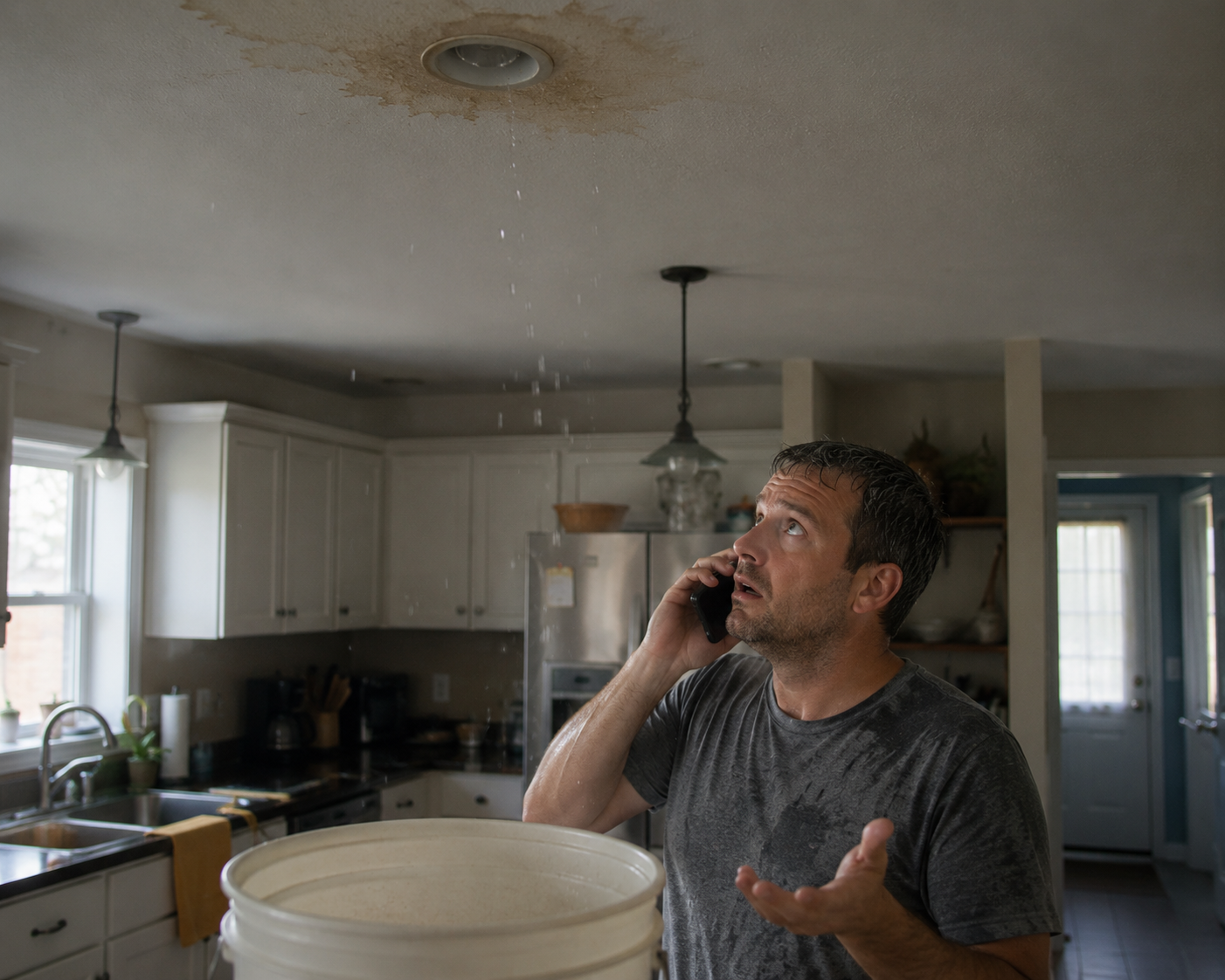 Homeowner on the phone while a roof is leaking into a bucket in the kitchen